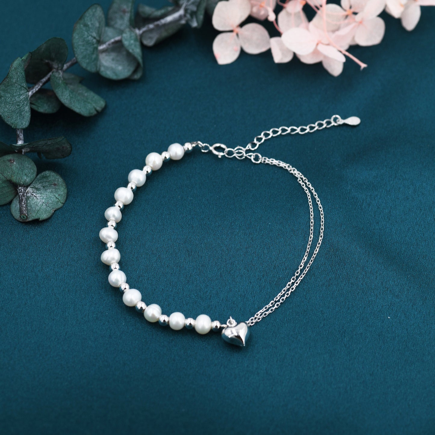 Sterling Silver Freshwater Pearl and Double Strand Beaded Bracelet with a Heart Charm, Silver or Gold, Genuine Pearls, Natural Pearl