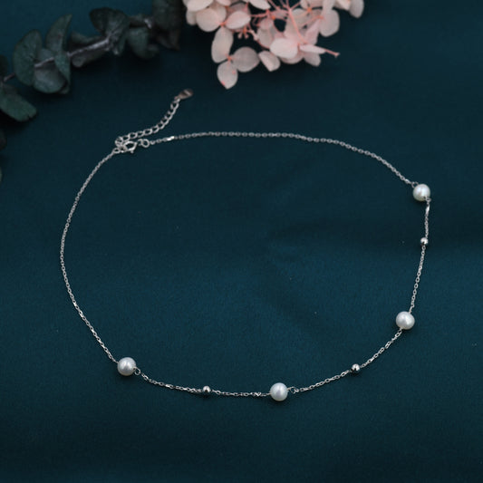 Genuine Pearl Choker Necklace in Sterling Silver, Silver or Gold , Genuine Freshwater Pearls, Natural Keshi Pearl Necklace, Satellite Beaded