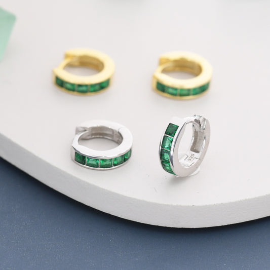 Emerald Green CZ 3mm Huggie Hoop in Sterling Silver, Silver or Gold,  7mm Inner Diameter Hoop Earrings, May Birthstone, Princess Cut