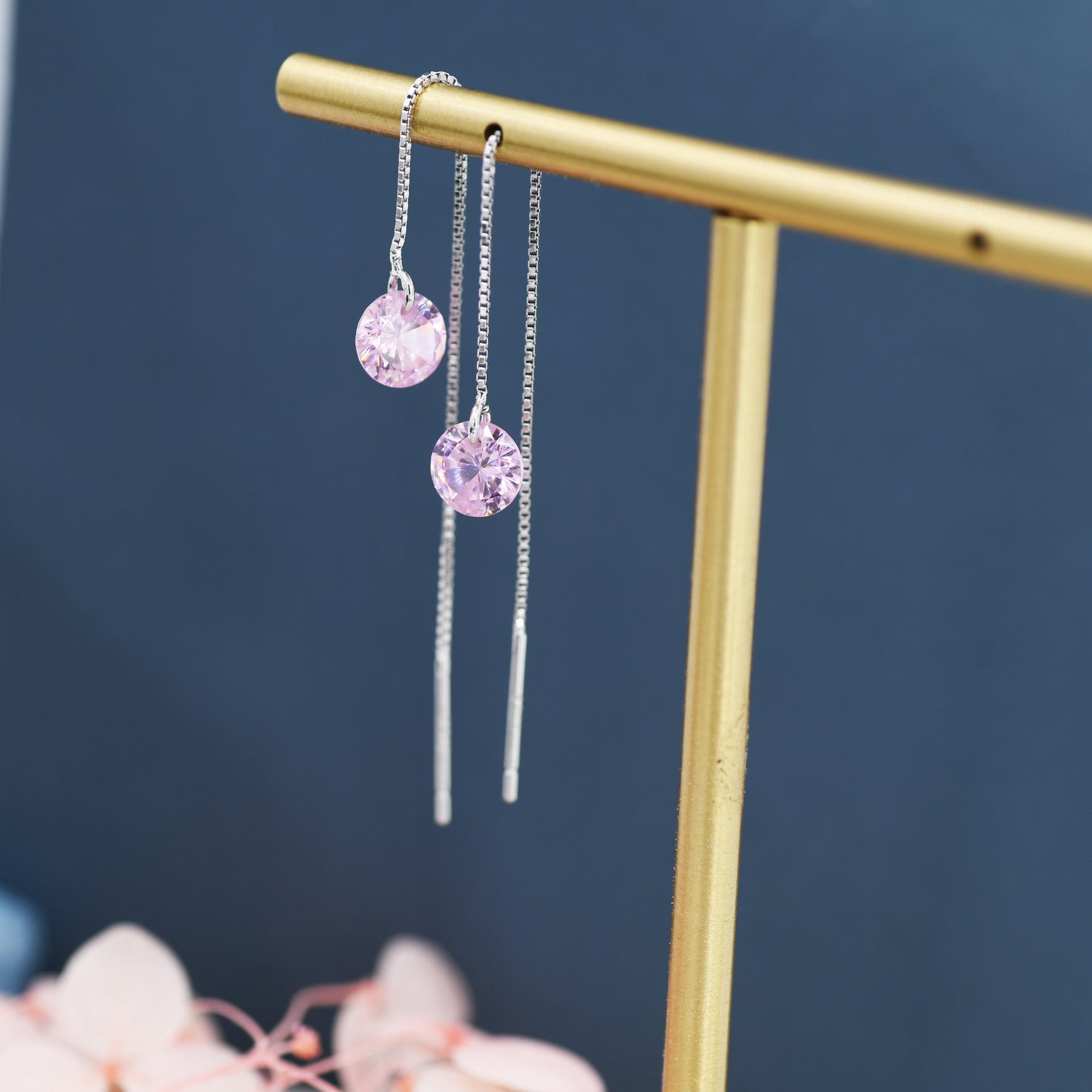 Alexandrite Pink CZ Dot Threader Earrings in Sterling Silver, Silver or Gold, Minimalist Ear Threaders, October Birthstone