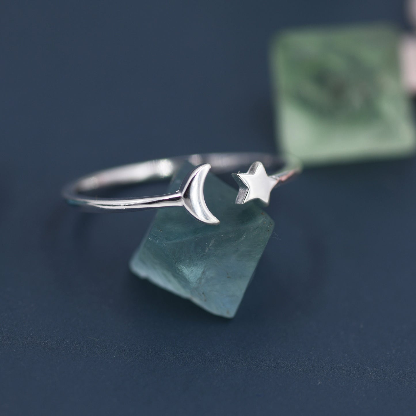 Sterling Silver Moon and Star Open Ring, Adjustable Size, Celestial Jewellery, Dainty and Delicate