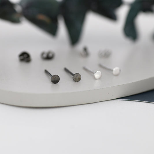 Extra Tiny 3mm Black Dot Stud Earrings in Sterling Silver, Very Small Coin Earrings, Silver or Black