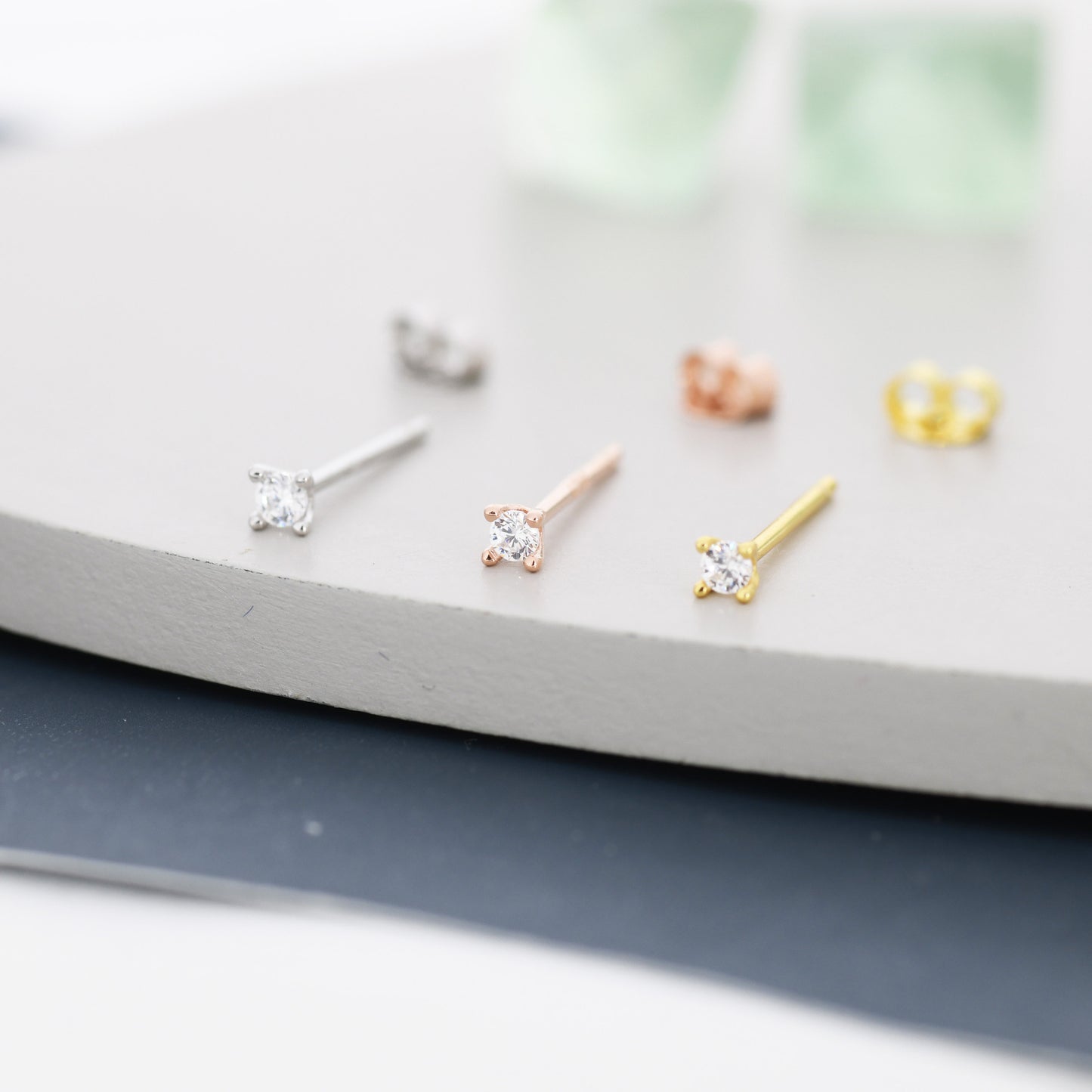 Barely Visible 2mm CZ Stud in Sterling Silver, Silver, Gold or Rose Gold,  Extra Tiny CZ Stud