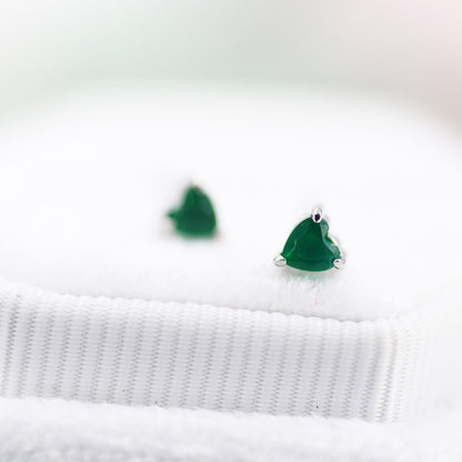 Genuine Green Onyx Heart Stud Earrings in Sterling Silver, Heart Stud Earrings, Tiny Heart Earrings