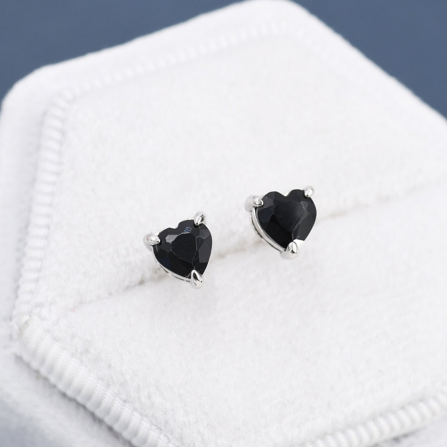 Genuine Black Onyx Crystal Heart Stud Earrings in Sterling Silver, 5mm Crystal, Heart Stud Earrings, Tiny Heart Earrings