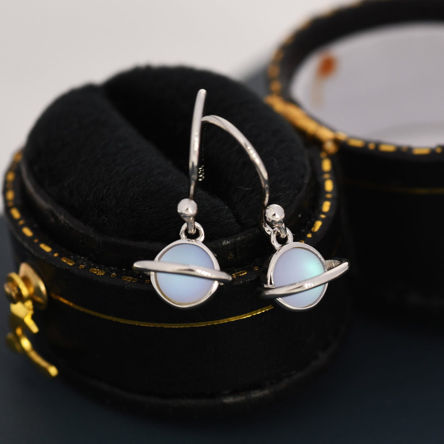 Little Planet Drop Hook Earrings in Sterling Silver - Simulated Moonstone,  Cute, Fun, Whimsical and Pretty