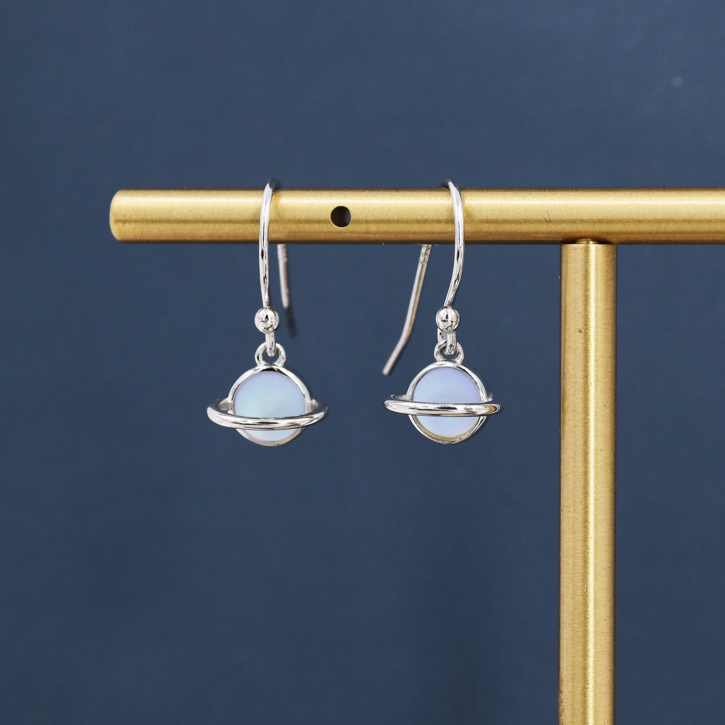 Little Planet Drop Hook Earrings in Sterling Silver - Simulated Moonstone,  Cute, Fun, Whimsical and Pretty