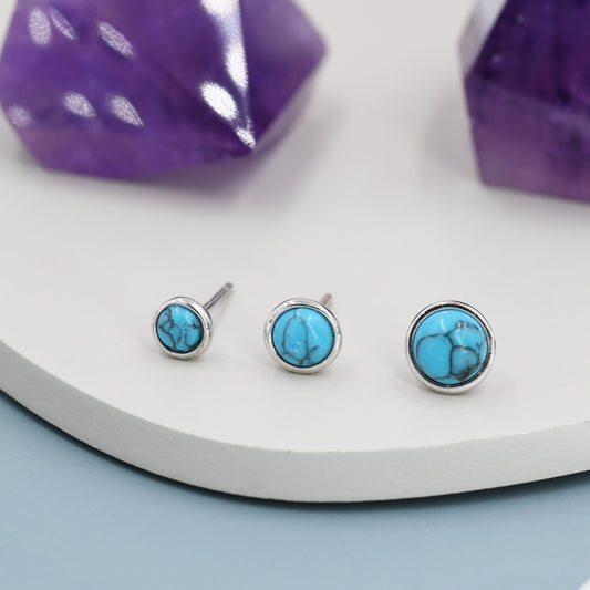 Sterling Silver Turquoise Stud Earrings,4mm, 5mm or 6mm, Genuine Turquoise Gemstone Stud, Bezel, Minimalist Style, December Birthstone