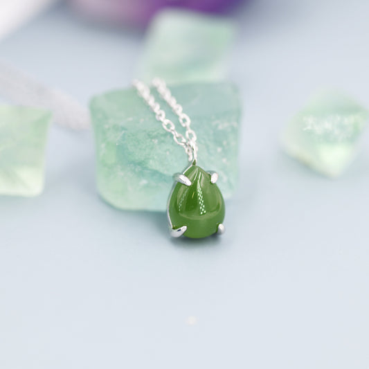 Genuine Jade Stone Pear Necklace in Sterling Silver, Droplet Cabochon Natural Jade Stone Necklace