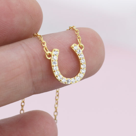 Tiny CZ Horseshoe Necklace in Sterling Silver, Silver or Gold,  Adjustable 16&#39;&#39; - 18&#39;&#39; - Cute Quirky and Fun Jewellery, Horse Necklace