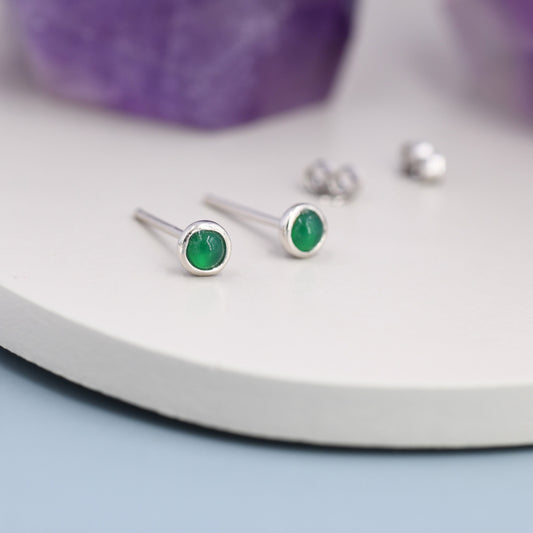 Sterling Silver Green Onyx Stud Earrings, 3mm Bezel Set, Genuine Onyx Gemstone Stud, Minimalist Style