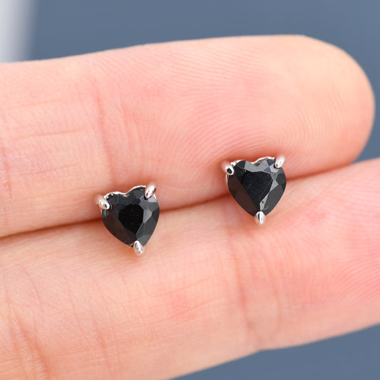 Genuine Black Onyx Crystal Heart Stud Earrings in Sterling Silver, 5mm Crystal, Heart Stud Earrings, Tiny Heart Earrings