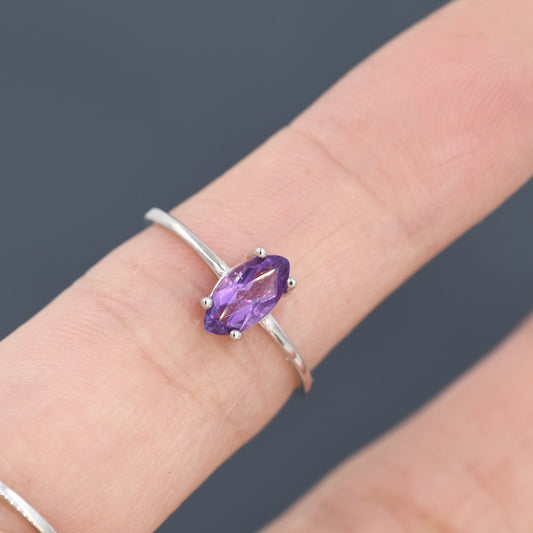 Genuine Amethyst Ring in Sterling Silver, Natural Marquise Cut Amethyst Stone Ring, Stacking Rings, US 5-8