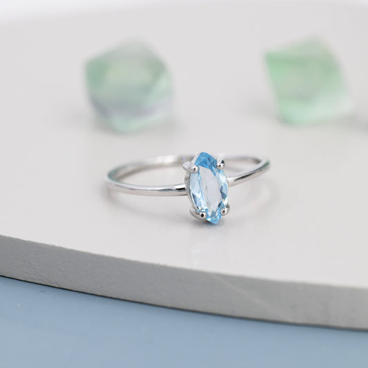 Genuine Sky Blue Topaz Ring in Sterling Silver, Natural Marquise Cut Topaz Stone Ring, Stacking Rings, US 5-8