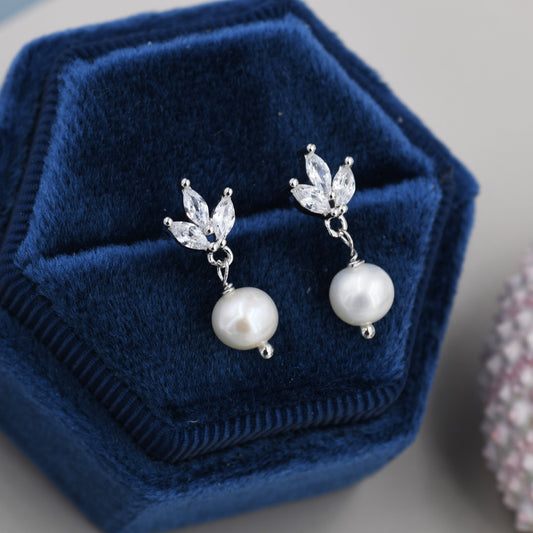 Marquise CZ Trio with Baroque Pearl Dangle Earrings in Sterling Silver, Delicate Keshi Pearl Drop Earrings,  Genuine Freshwater Pearls