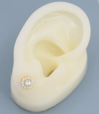 CZ Flower Stud Earrings in Sterling Silver, Gold or Silver, Simulated Diamond Snowflake Earrings