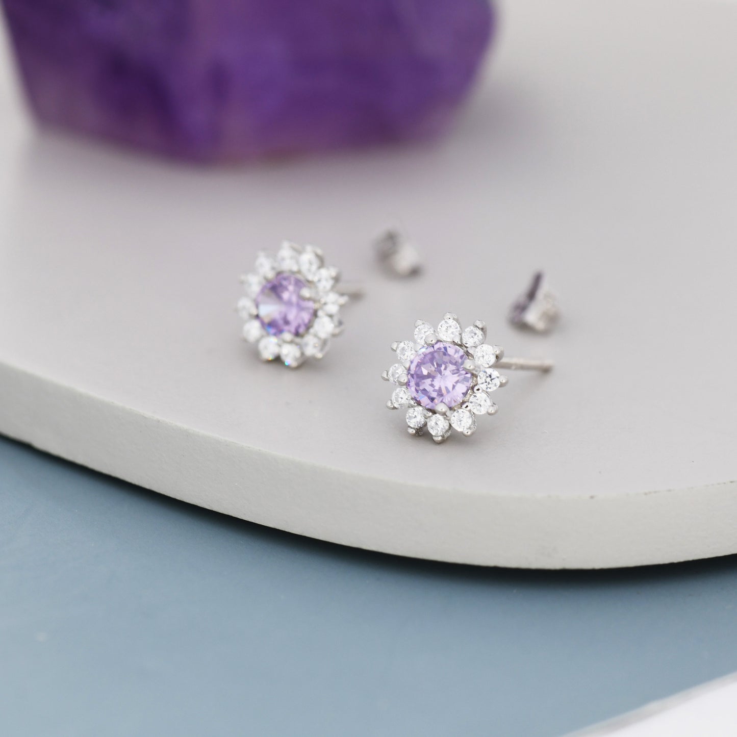 Amethyst Purple CZ Halo Stud Earrings in Sterling Silver, Silver or Gold, February Birthstone Earrings, Flower CZ Earrings