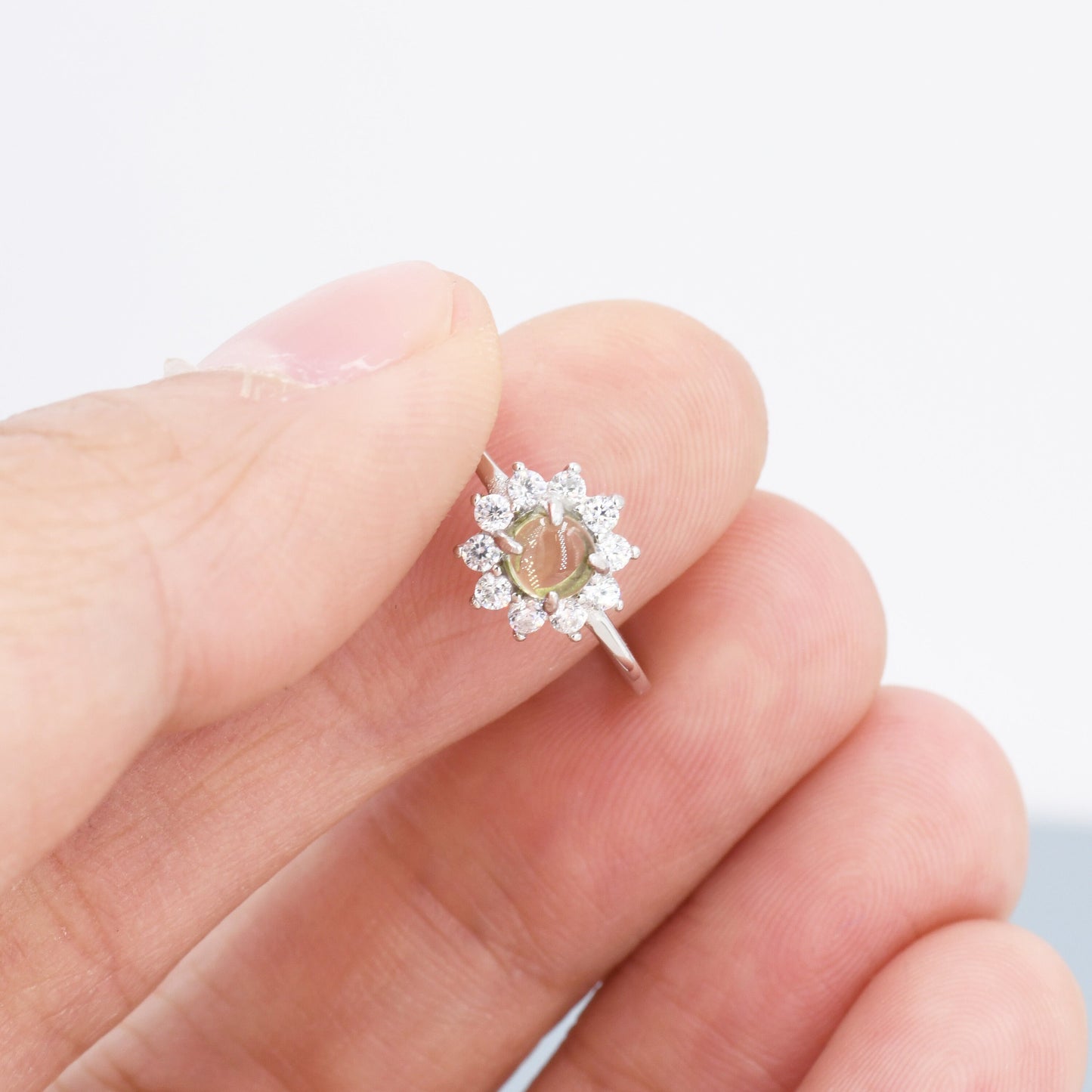 Genuine Peridot Halo Ring in Sterling Silver, US 5 - 8, Natural Peridot Gemstone Ring,  Crystal Flower Ring
