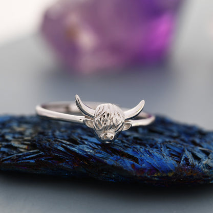 Sterling Silver Highland Cow Ring, Adjustable Size, Simulated Moonstone, Celestial Jewellery, Dainty and Delicate