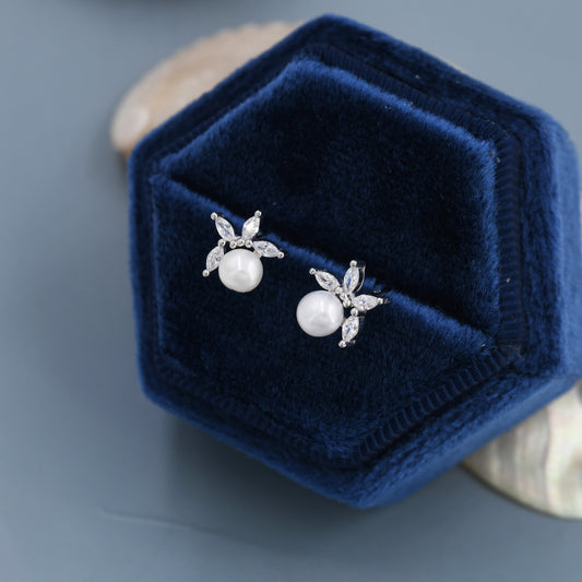 Genuine Freshwater Pearl with Marquise CZ Stud Earrings in Sterling Silver, Delicate Tiny Pearl and CZ Earrings, Genuine Pearls.