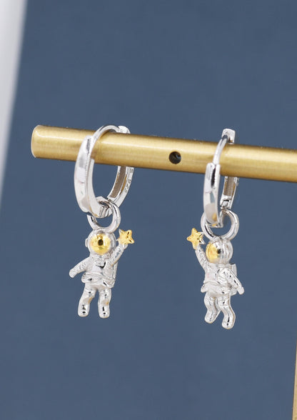 Little Astronaut Charmed Hoop Earrings in Sterling Silver - Cute Space Theme Huggie Hoop Earrings  -   Fun, Whimsical, Detachable