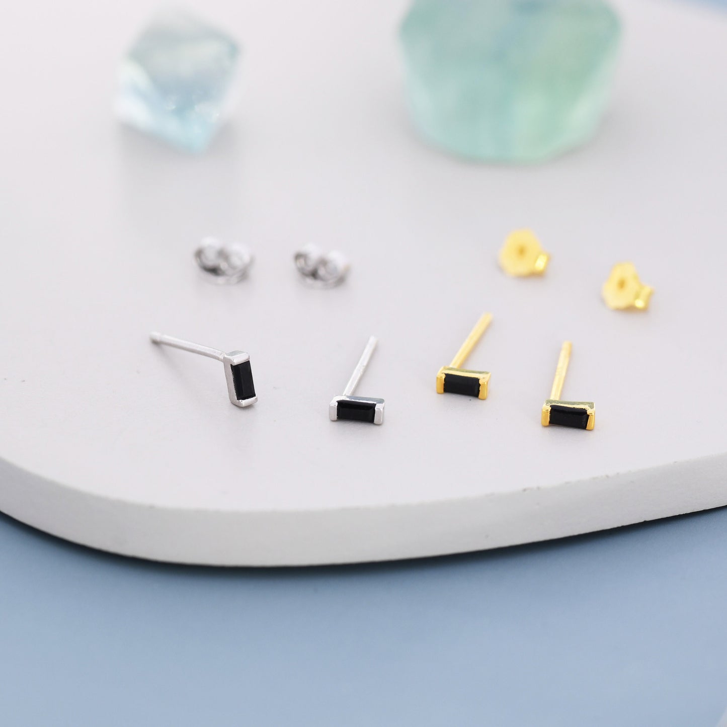 Tiny Black Baguette CZ Stud Earrings in Sterling Silver, Silver or Gold, Geometric Tiny CZ Earrings, Stacking Earrings