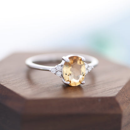 Genuine Citrine Oval Ring in Sterling Silver, Natural Yellow Citrine Ring, Three CZ,  Vintage Inspired Design, US 5 - 8, November Birthstone