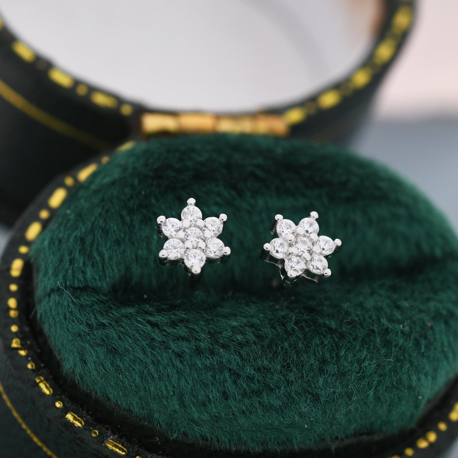 Pair of Very Tiny CZ Flower Stud Earrings in Sterling Silver, Silver or Gold, Crystal Flower Earrings, Stacking Earrings, Snowflake Earrings