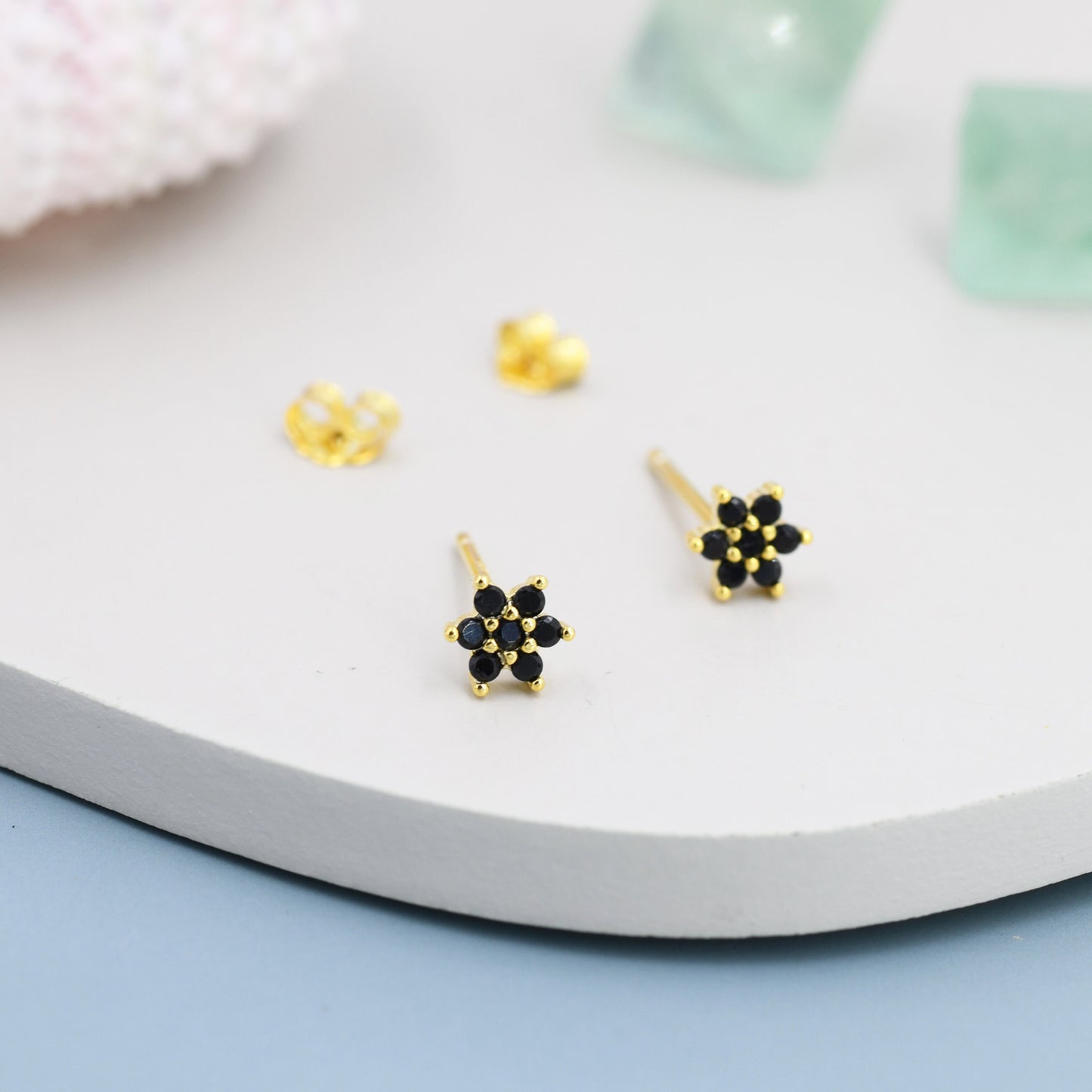 Pair of Very Tiny Black CZ Flower Stud Earrings in Sterling Silver, Silver or Gold, Crystal Flower Earrings, Stacking Earrings