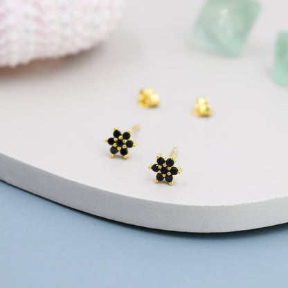 Pair of Very Tiny Black CZ Flower Stud Earrings in Sterling Silver, Silver or Gold, Crystal Flower Earrings, Stacking Earrings
