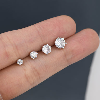 Simple CZ Crystal Stud Earrings in Sterling Silver, 3mm, 4mm, 5mm and 6mm, Six Prong, 6 Prong,  Various Sizes, Minimalist CZ Stud