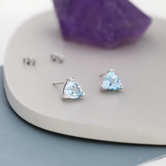 Genuine Swiss Blue Topaz Trillion Cut Stud Earrings in Sterling Silver, 6mm Trillion Cut, Large Topaz Stud Earrings, Natural and Untreated