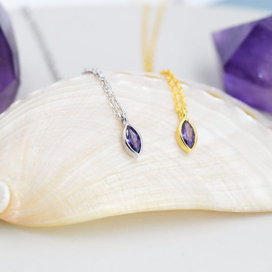 Extra Tiny Amethyst Purple Marquise CZ Necklace in Sterling Silver, Silver or Gold, Single Marquise Necklace