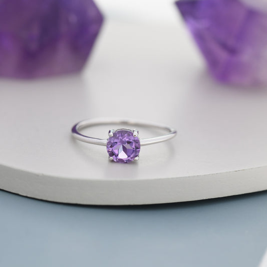 Genuine 1Ct Amethyst Crystal Ring in Sterling Silver, Natural Brilliant Cut Citrine Stone Ring, Stacking Rings, US 5-8