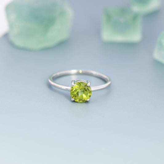 Genuine 1Ct Peridot Ring in Sterling Silver, Natural Brilliant Cut Peridot Stone Ring, Stacking Rings, US 5-8
