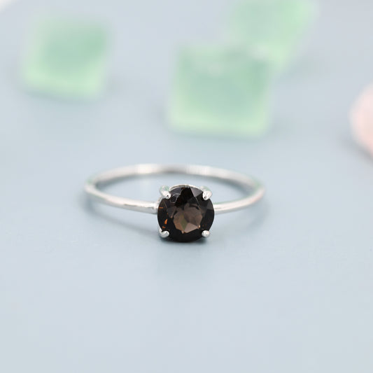 Genuine 1Ct Smoky Quartz Ring in Sterling Silver, Natural Brilliant Cut Smoky Quartz Ring, Stacking Rings, US 5-8