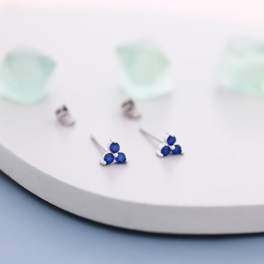Extra Tiny Tree Dot Sapphire Blue CZ Stud Earrings in Sterling Silver, Silver or Gold, Three Dot Trinity September Birthstone Earrings