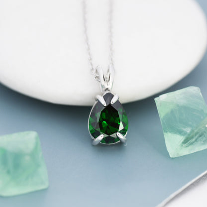 Emerald Green Pear Cut CZ Necklace in Sterling Silver, 7 x 9mm, Droplet Black Diamond Necklace, Diamond CZ