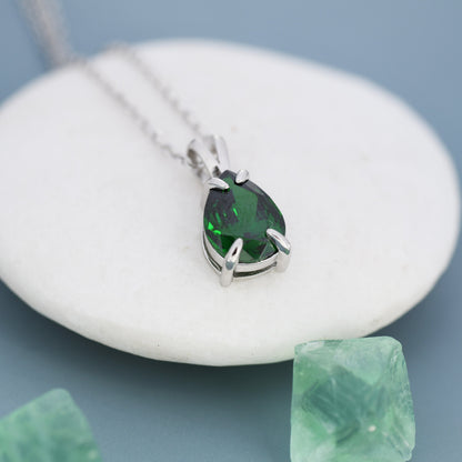 Emerald Green Pear Cut CZ Necklace in Sterling Silver, 7 x 9mm, Droplet Black Diamond Necklace, Diamond CZ