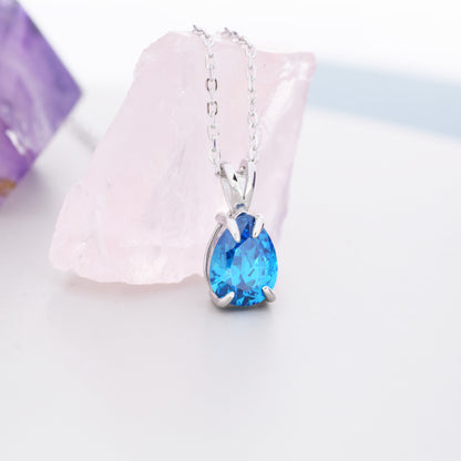 Aquamarine Blue Pear Cut CZ Necklace in Sterling Silver, 7 x 9mm, Blue Droplet necklace, Diamond CZ