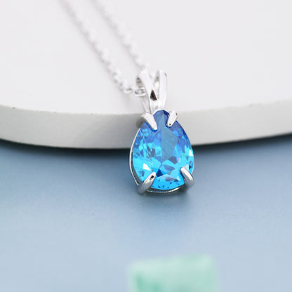 Aquamarine Blue Pear Cut CZ Necklace in Sterling Silver, 7 x 9mm, Blue Droplet necklace, Diamond CZ
