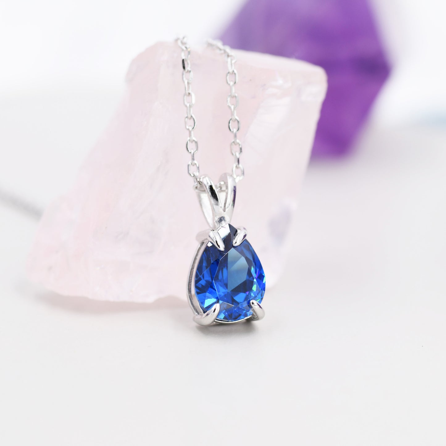Sapphire Blue Pear Cut CZ Necklace in Sterling Silver, 7 x 9mm, Blue Droplet necklace, Diamond CZ, September Birthstone
