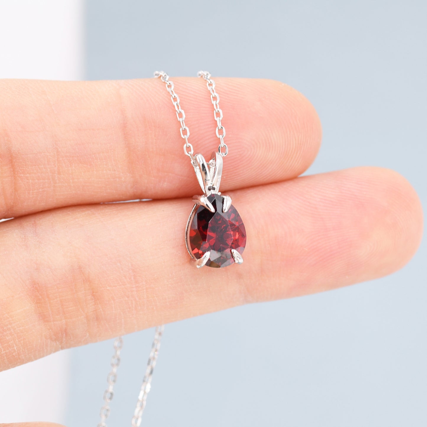 Garnet Red Pear Cut CZ Necklace in Sterling Silver, 7 x 9mm, Dark Red Droplet necklace, Diamond CZ, January Birthstone