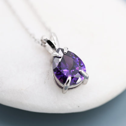 Amethyst Purple Pear Cut CZ Necklace in Sterling Silver, 7 x 9mm, Purple Droplet necklace, Diamond CZ, February Birthstone