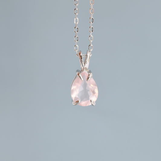 Genuine Rose Quartz Pear Cut Necklace in Sterling Silver, 7 x 9mm, Natural Real Pink Rose Quartz Droplet necklace