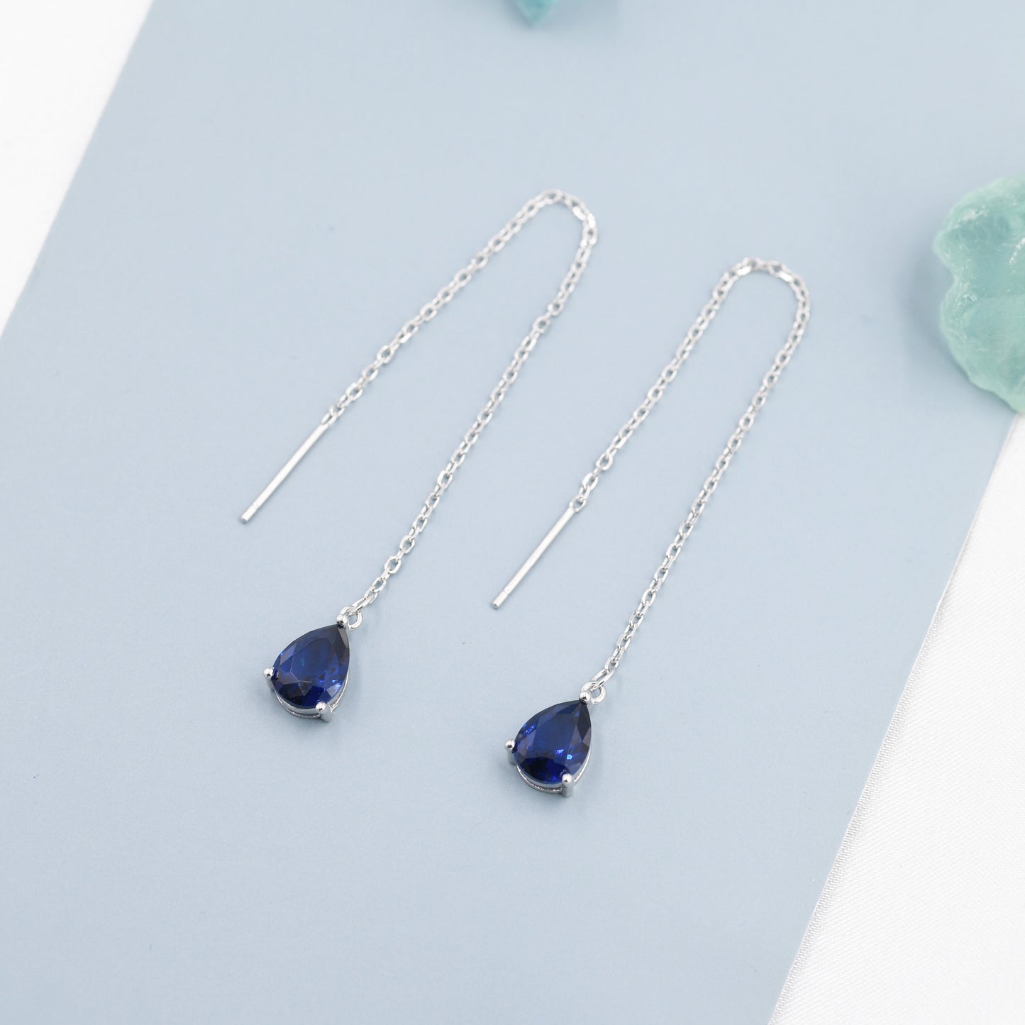 Sapphire Blue CZ Droplet Threader Earrings in Sterling Silver, Silver or Gold,  Pear Cut CZ Long Ear Threaders, Sparkly CZ Threaders
