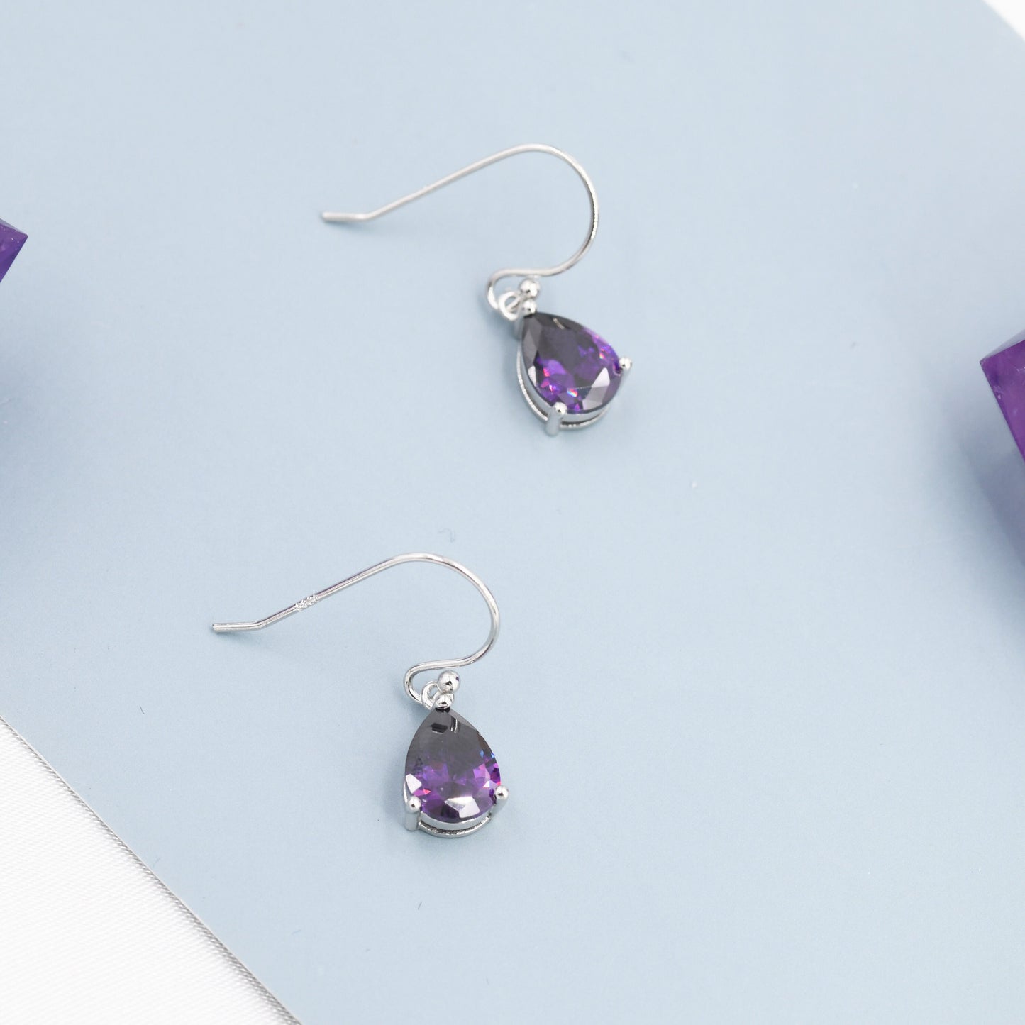 Dark Amethyst Purple Pear Cut CZ Drop Earrings in Sterling Silver, Silver or Gold, Dark Purple Droplet Dangle Earrings