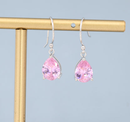 Tourmaline Pink Pear Cut CZ Drop Earrings in Sterling Silver, Silver or Gold, Pink Droplet Dangle Earrings