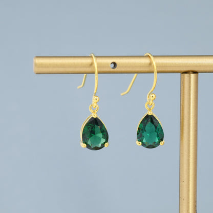 Emerald Green Pear Cut CZ Drop Earrings in Sterling Silver, Silver or Gold, Minimalist Droplet Dangle Earrings, Drop Earrings