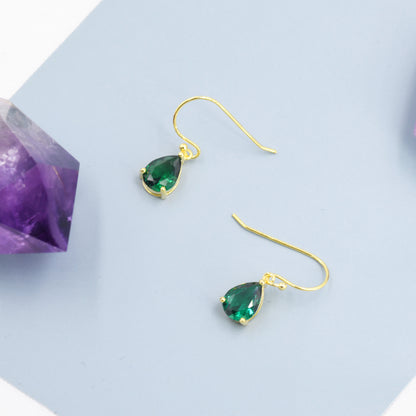 Emerald Green Pear Cut CZ Drop Earrings in Sterling Silver, Silver or Gold, Minimalist Droplet Dangle Earrings, Drop Earrings